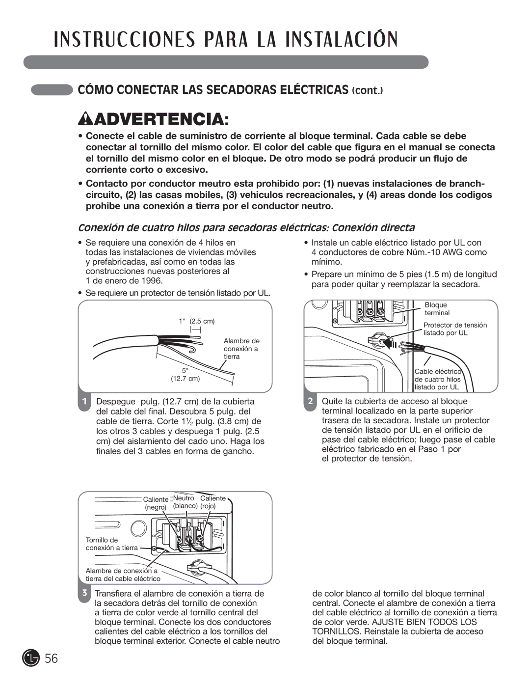 LG Electronics D5966G, D5966W installation instructions cm Alambre de conexión a tierra 12.7 cm 