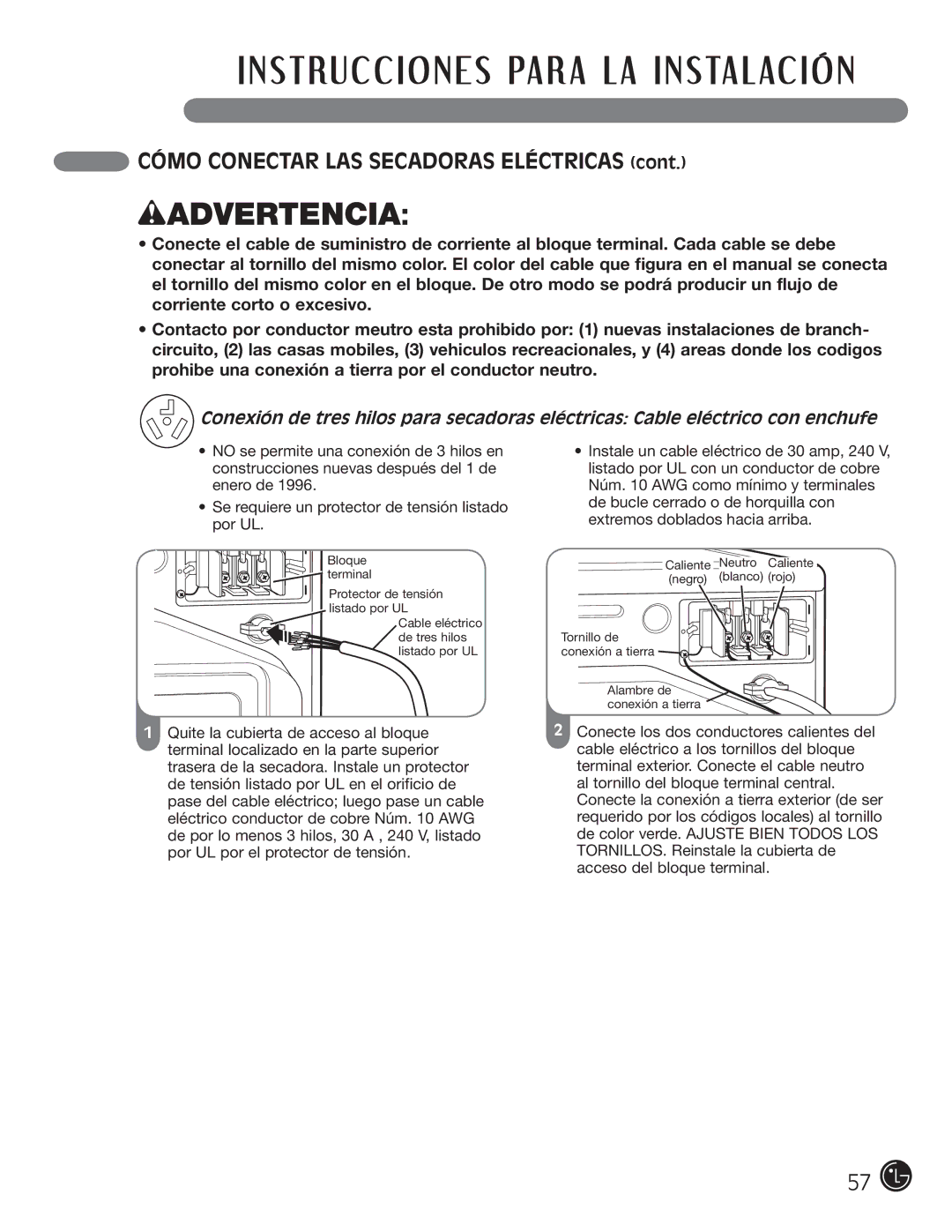 LG Electronics D5966W, D5966G installation instructions Wadvertencia 