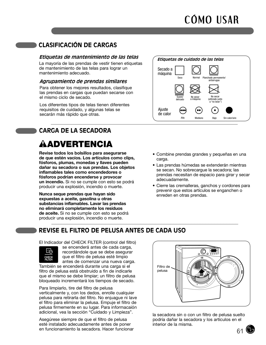 LG Electronics D5966W, D5966G Clasificación DE Cargas, Carga DE LA Secadora, Revise EL Filtro DE Pelusa Antes DE Cada USO 