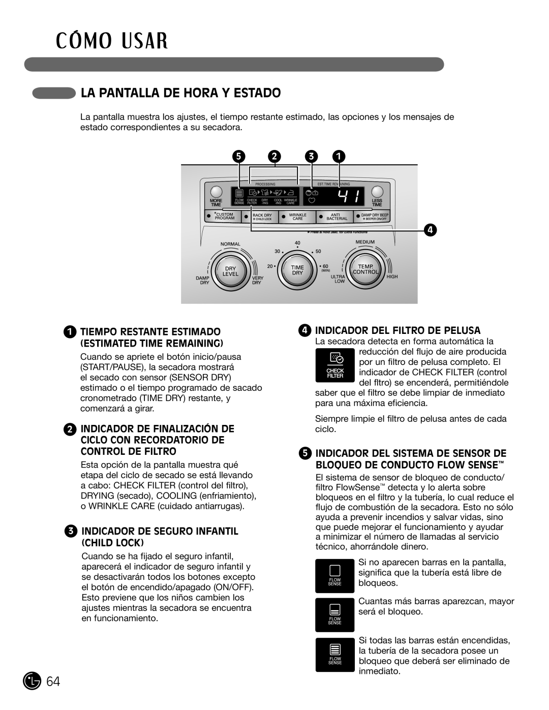 LG Electronics D5966G, D5966W LA Pantalla DE Hora Y Estado, Indicador DE Seguro Infantil Child Lock 