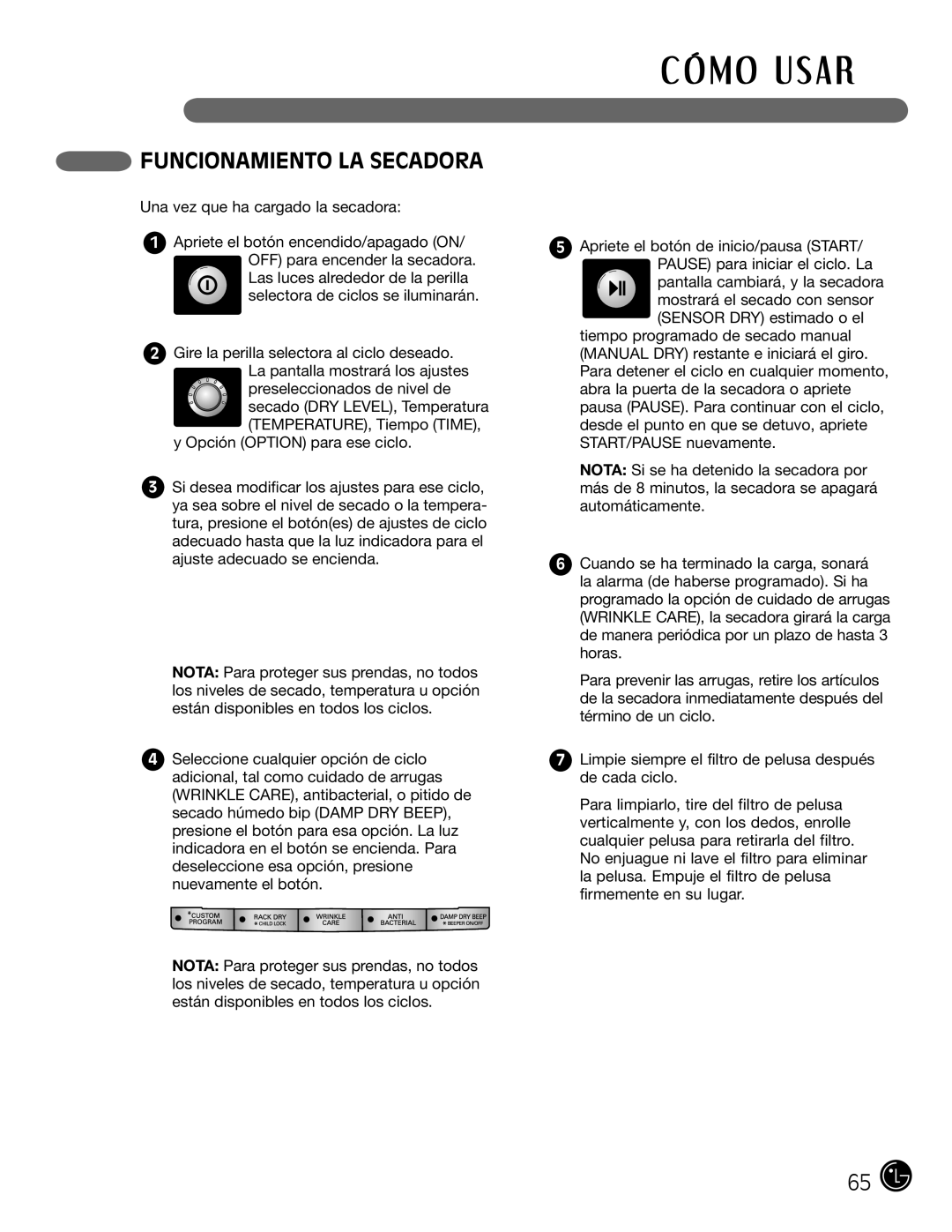 LG Electronics D5966W, D5966G installation instructions Funcionamiento LA Secadora 