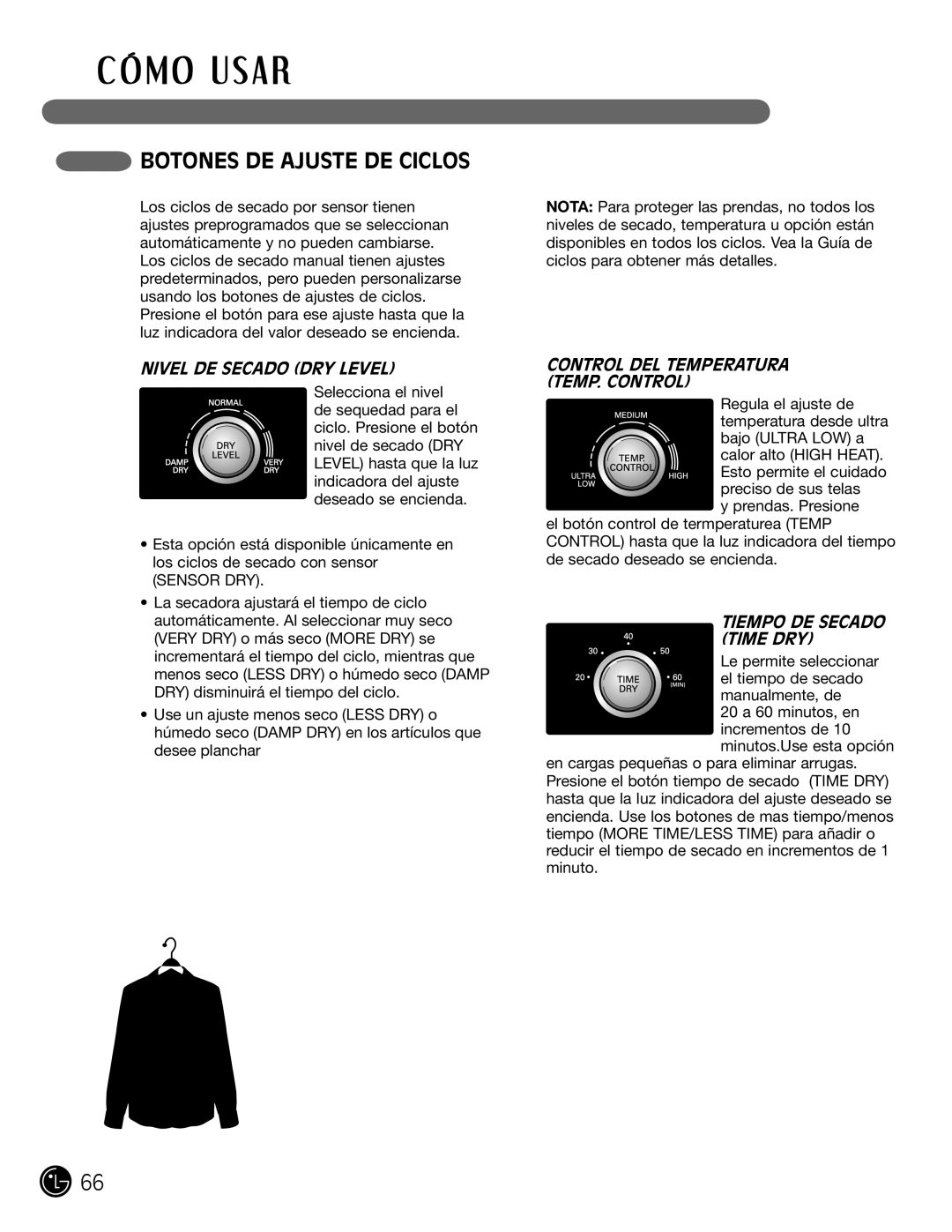 LG Electronics D5966G, D5966W installation instructions Botones DE Ajuste DE Ciclos, Nivel DE Secado DRY Level 