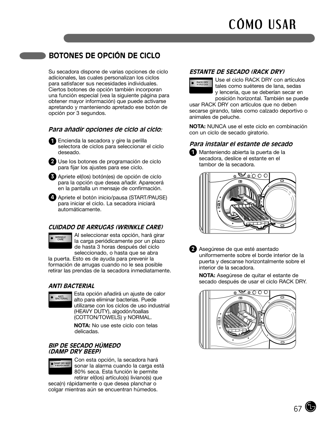 LG Electronics D5966W, D5966G installation instructions Botones DE Opción DE Ciclo, Para añadir opciones de ciclo al ciclo 