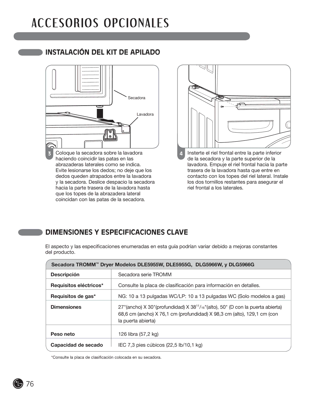 LG Electronics D5966G, D5966W installation instructions Dimensiones Y Especificaciones Clave 