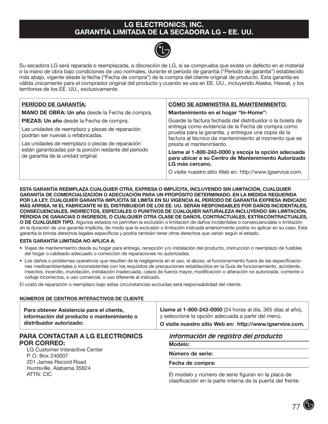 LG Electronics D5966W, D5966G installation instructions Información de registro del producto 