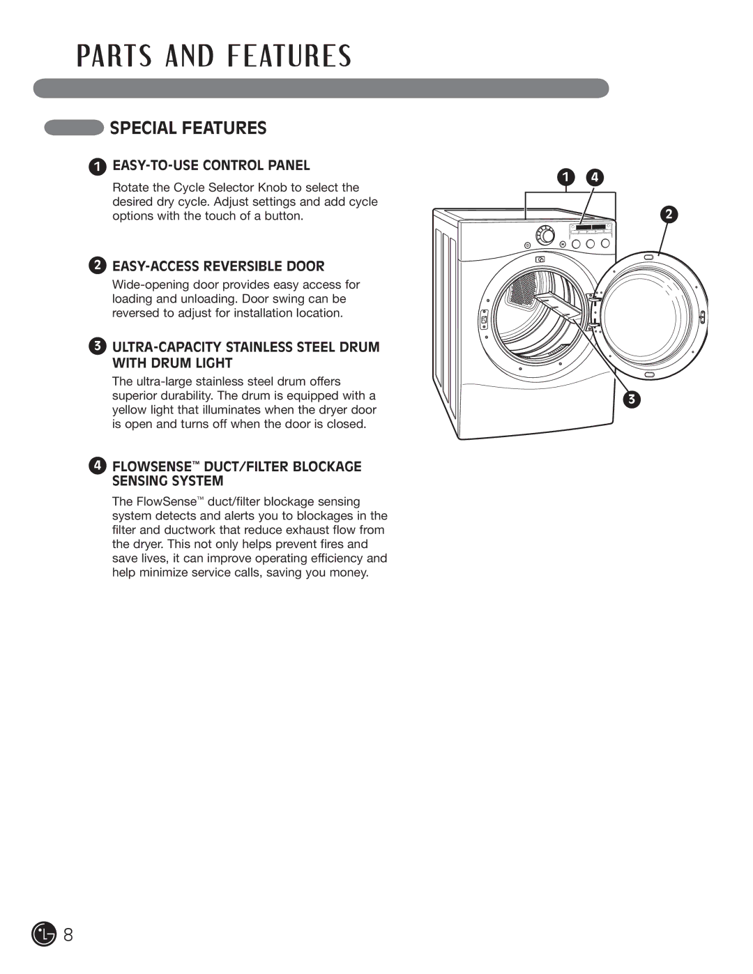 LG Electronics D5966G, D5966W Special Features, EASY-TO-USE Control Panel, EASY-ACCESS Reversible Door 