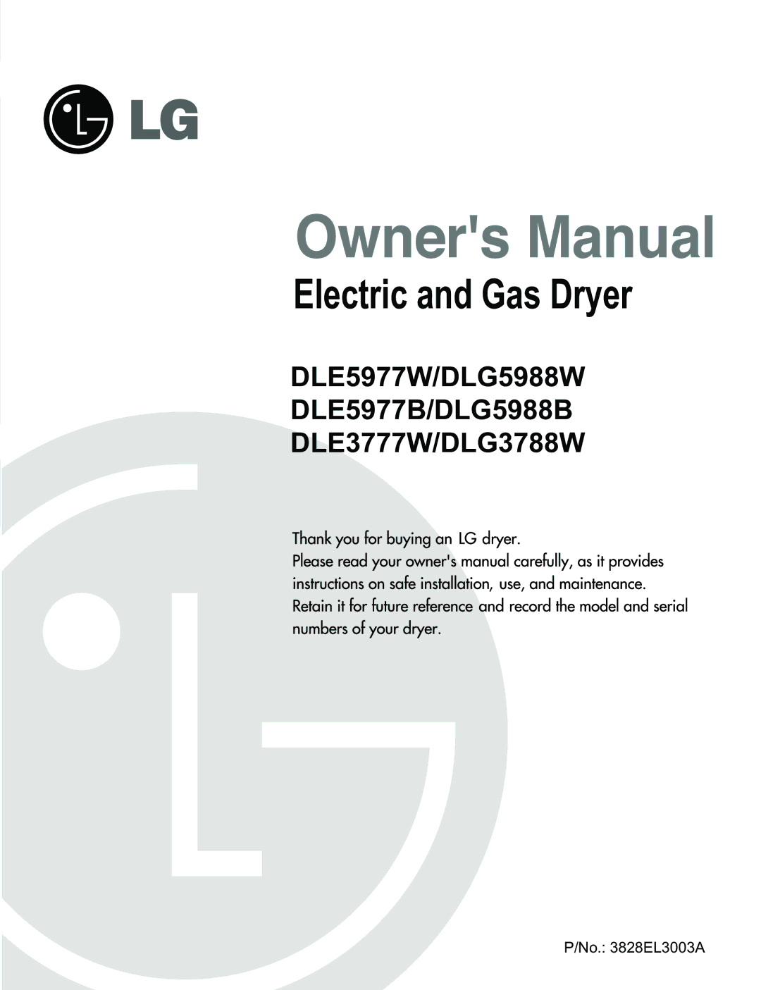 LG Electronics D3788W, D5988B, D5988W manual Electric and Gas Dryer 