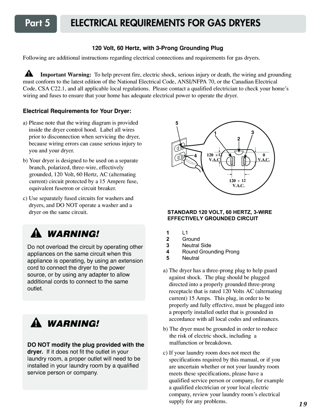 LG Electronics D3788W, D5988B Part 5 Electrical Requirements for GAS Dryers, Volt, 60 Hertz, with 3-Prong Grounding Plug 