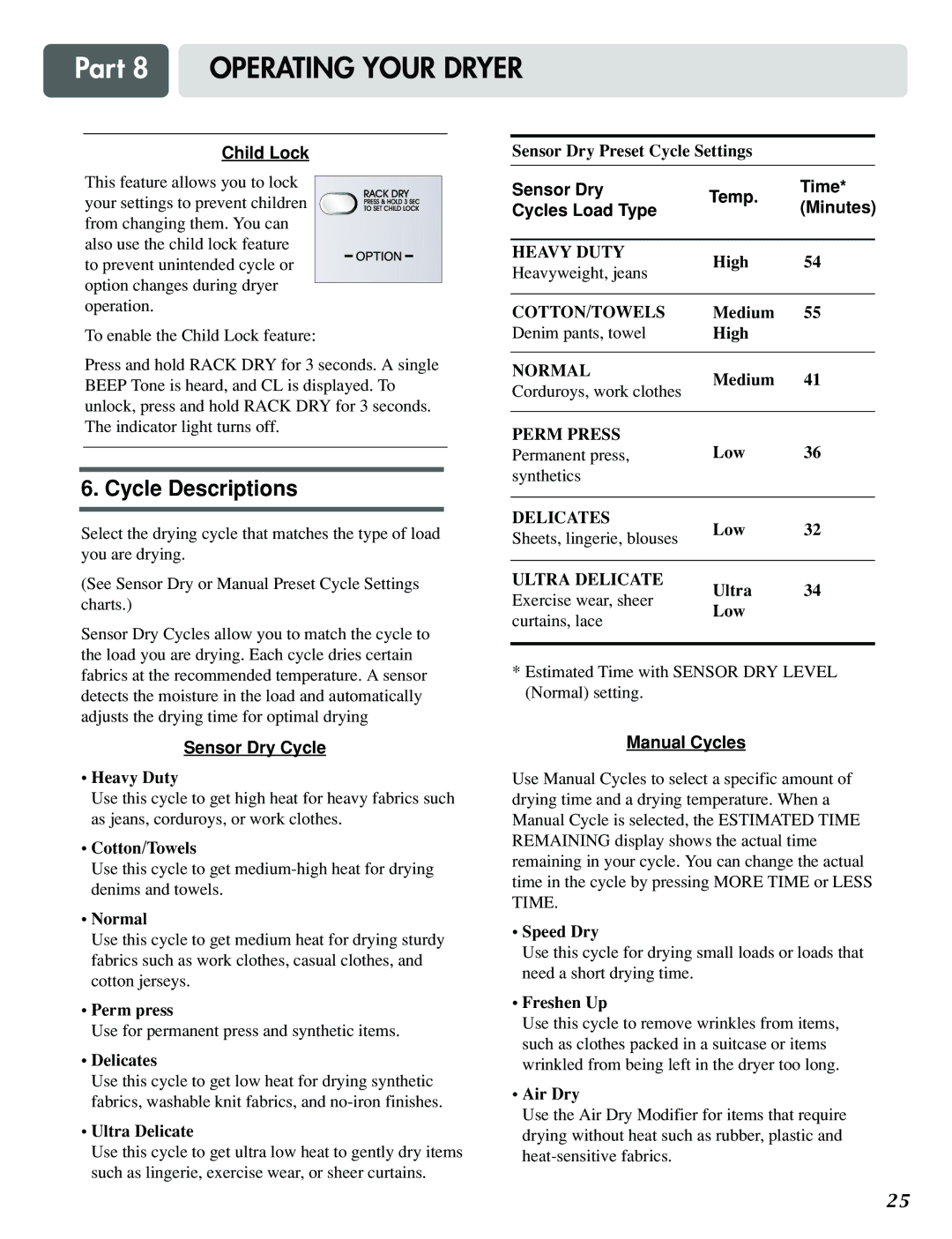 LG Electronics D3788W, D5988B manual Cycle Descriptions, Child Lock, Sensor Dry Temp Time Cycles Load Type, Sensor Dry Cycle 