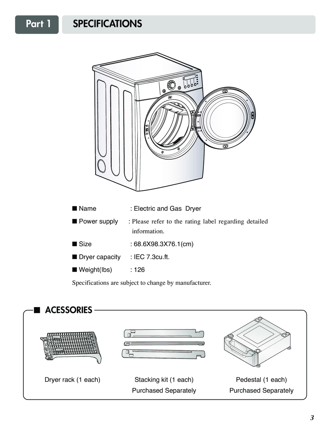 LG Electronics D5988B, D3788W, D5988W manual Part 1 Specifications 