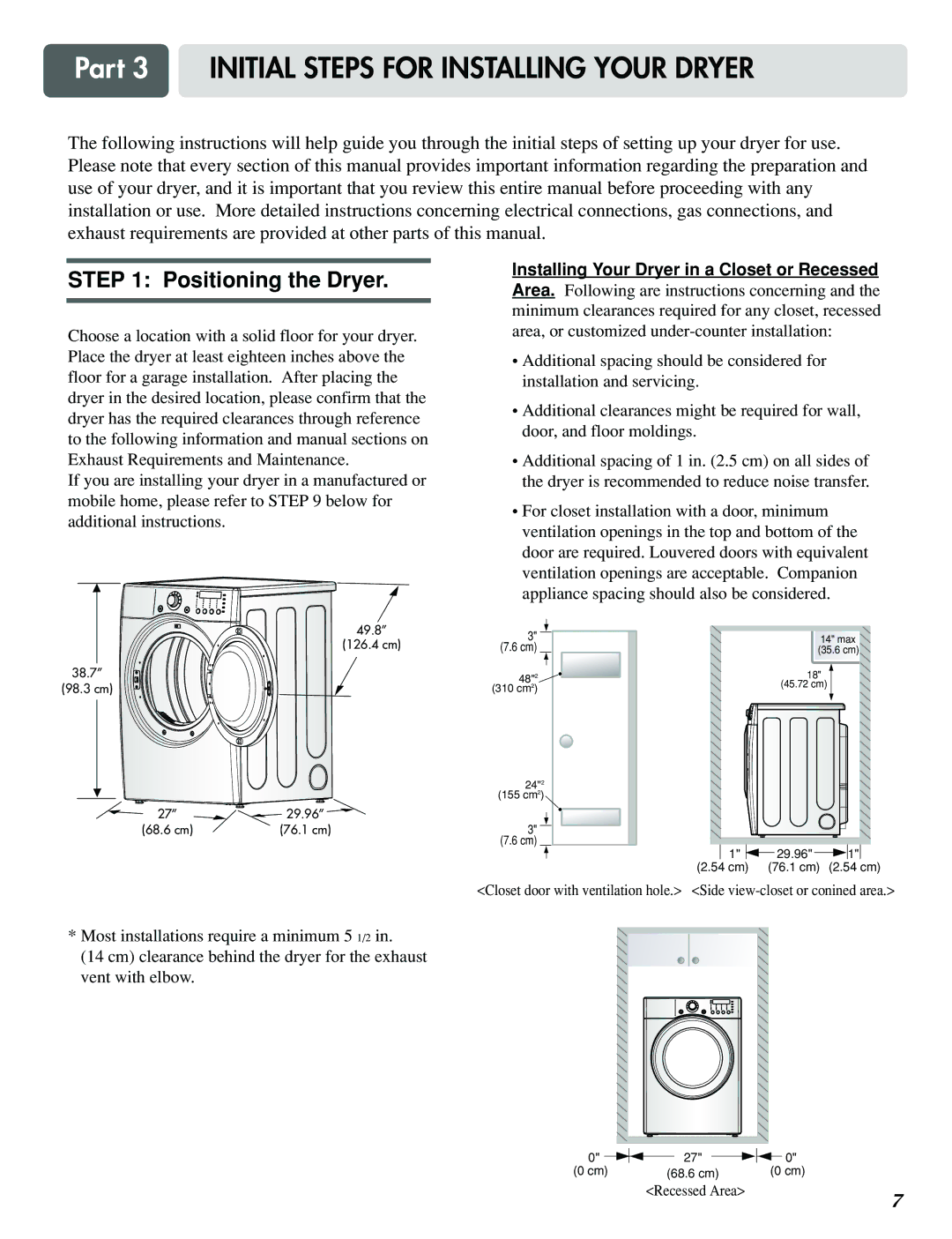 LG Electronics D3788W, D5988B, D5988W manual Part 3 Initial Steps for Installing Your Dryer, Positioning the Dryer 
