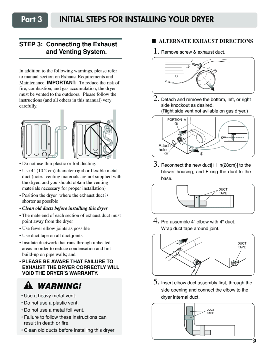 LG Electronics D5988B, D3788W manual Connecting the Exhaust and Venting System, Clean old ducts before installing this dryer 