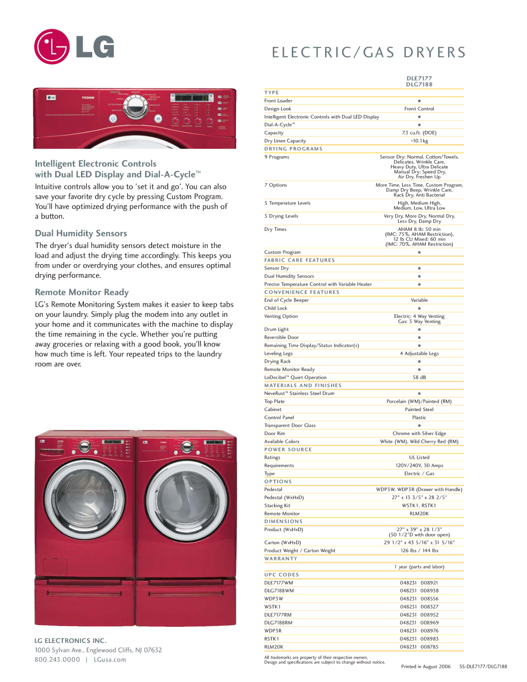 LG Electronics D7188 manual Dual Humidity Sensors, Remote Monitor Ready 