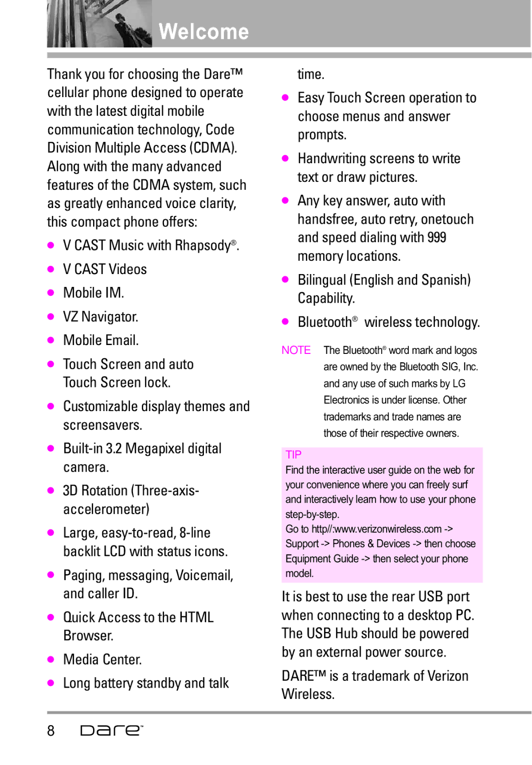 LG Electronics manual Welcome, Dare is a trademark of Verizon Wireless, Touch Screen and auto Touch Screen lock 