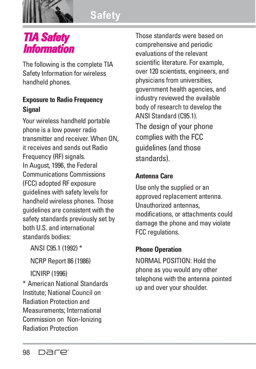 LG Electronics Dare manual Safety, Exposure to Radio Frequency Signal, Ansi C95.1 Ncrp Report 86 Icnirp, Antenna Care 