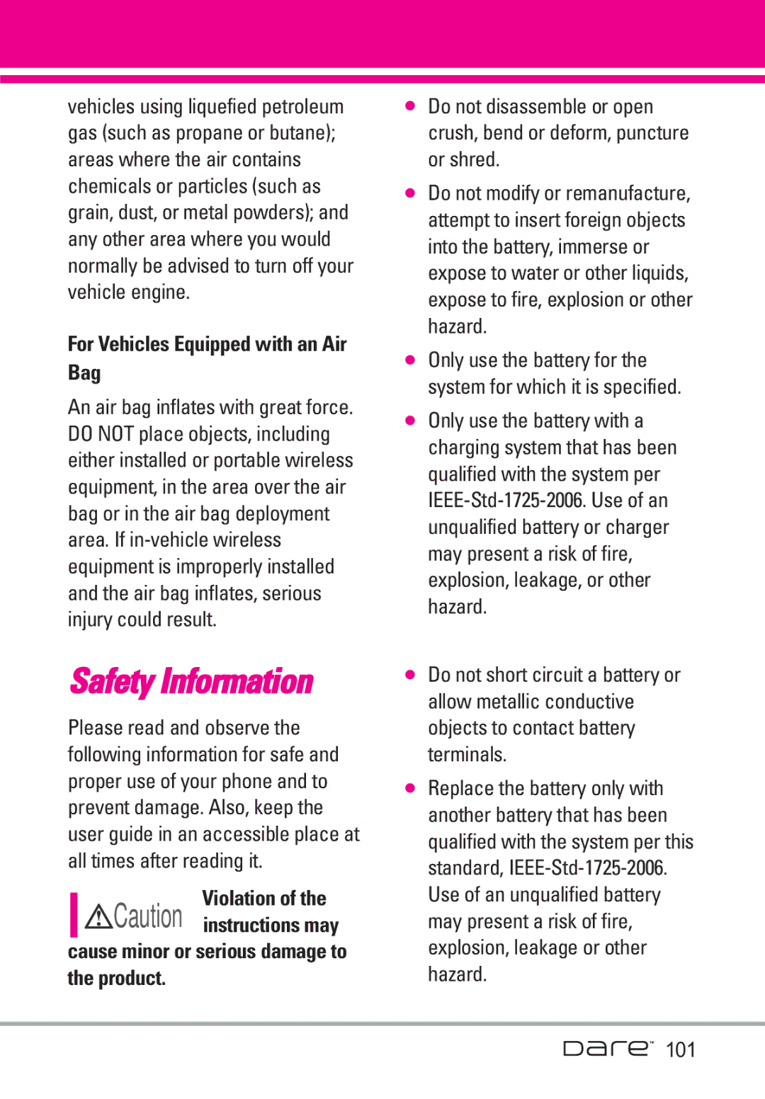 LG Electronics Dare manual For Vehicles Equipped with an Air Bag, Cause minor or serious damage to the product, 101 