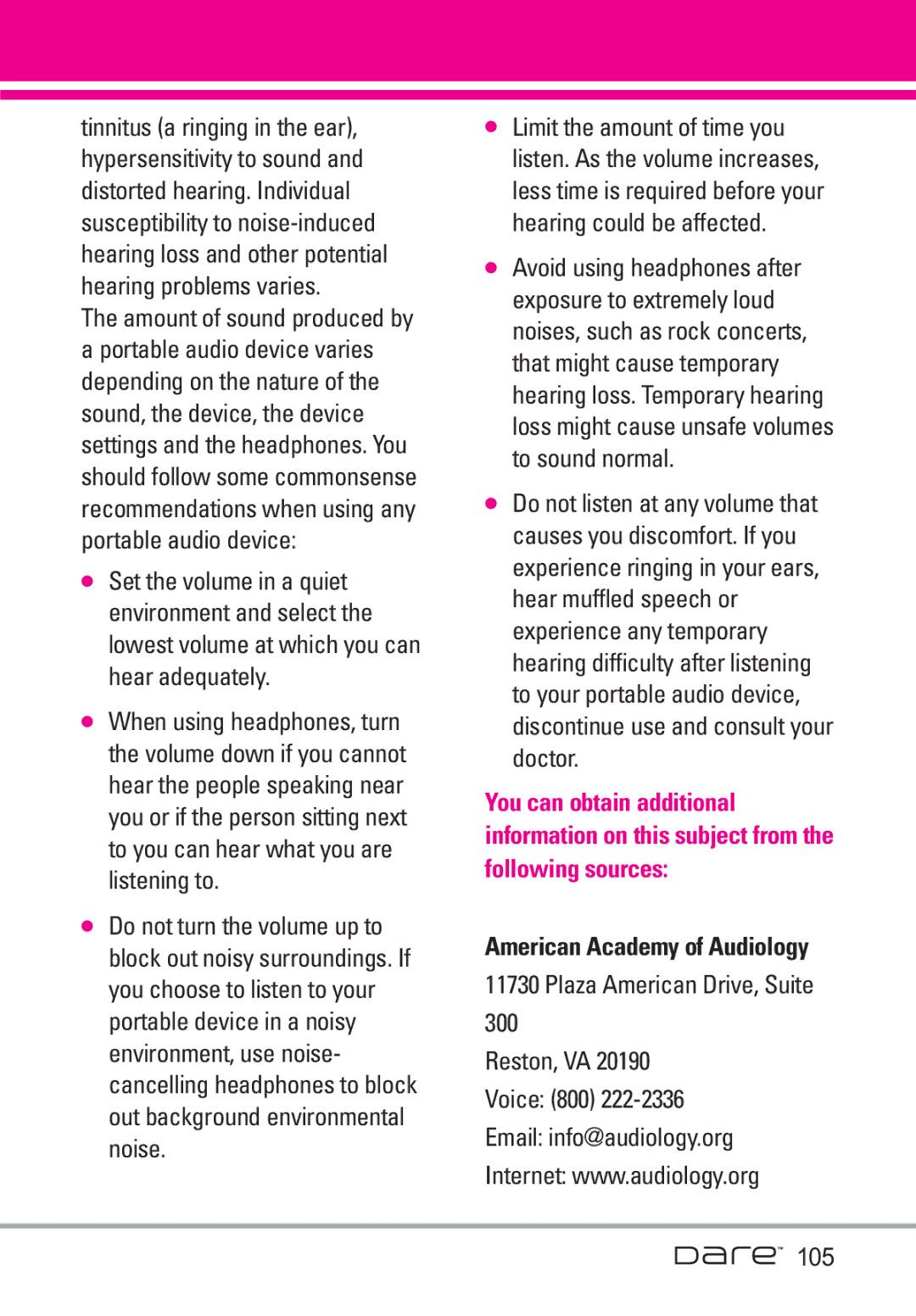 LG Electronics Dare manual American Academy of Audiology 