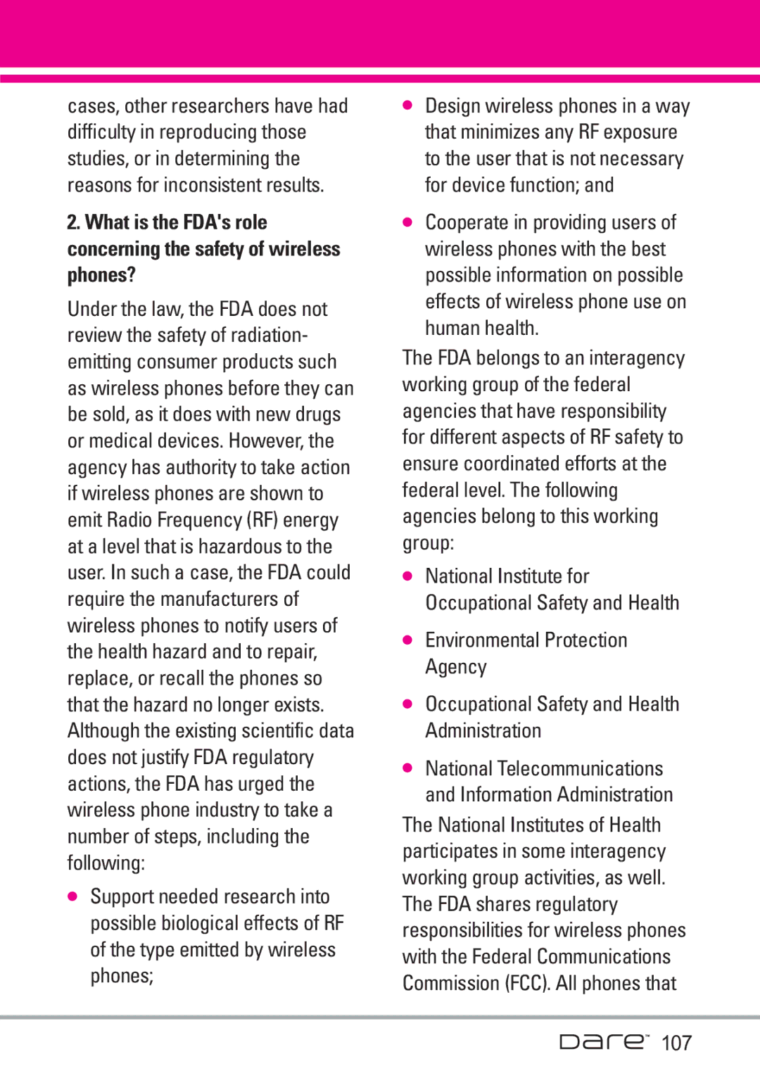 LG Electronics Dare manual 107, National Telecommunications and Information Administration 