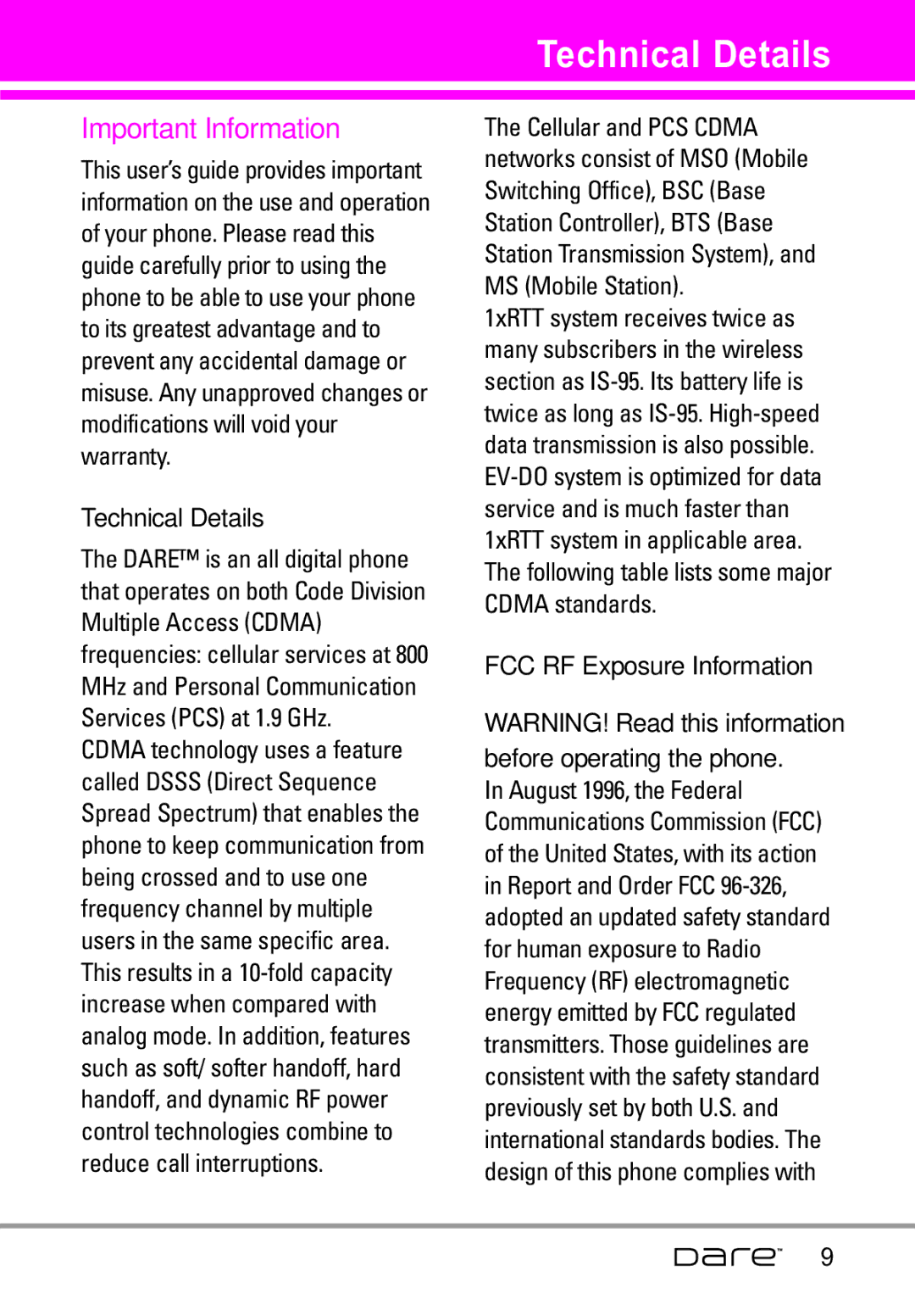 LG Electronics Dare manual Technical Details, Important Information, FCC RF Exposure Information 