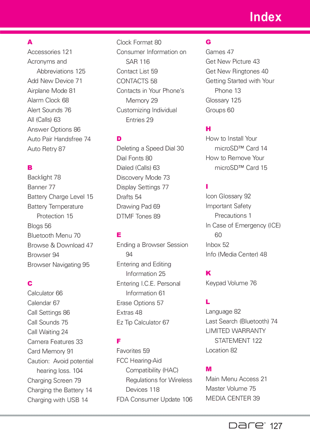 LG Electronics Dare manual Index, 127 