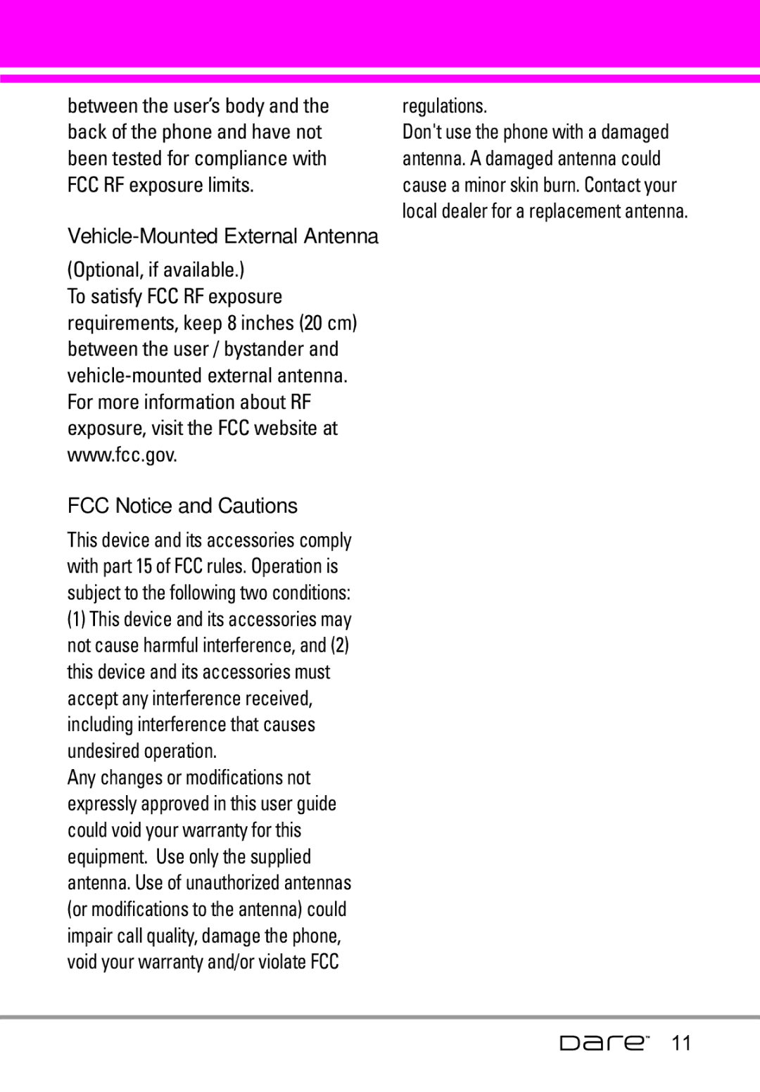 LG Electronics Dare manual Optional, if available, FCC Notice and Cautions, Regulations, Vehicle-Mounted External Antenna 