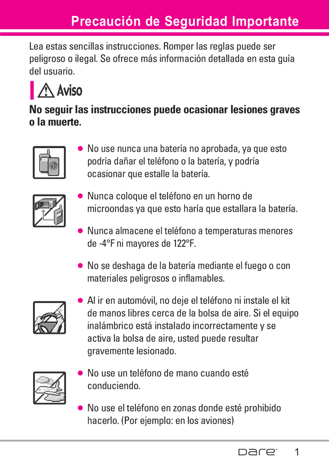 LG Electronics Dare manual Precaución de Seguridad Importante, Microondas ya que esto haría que estallara la batería 