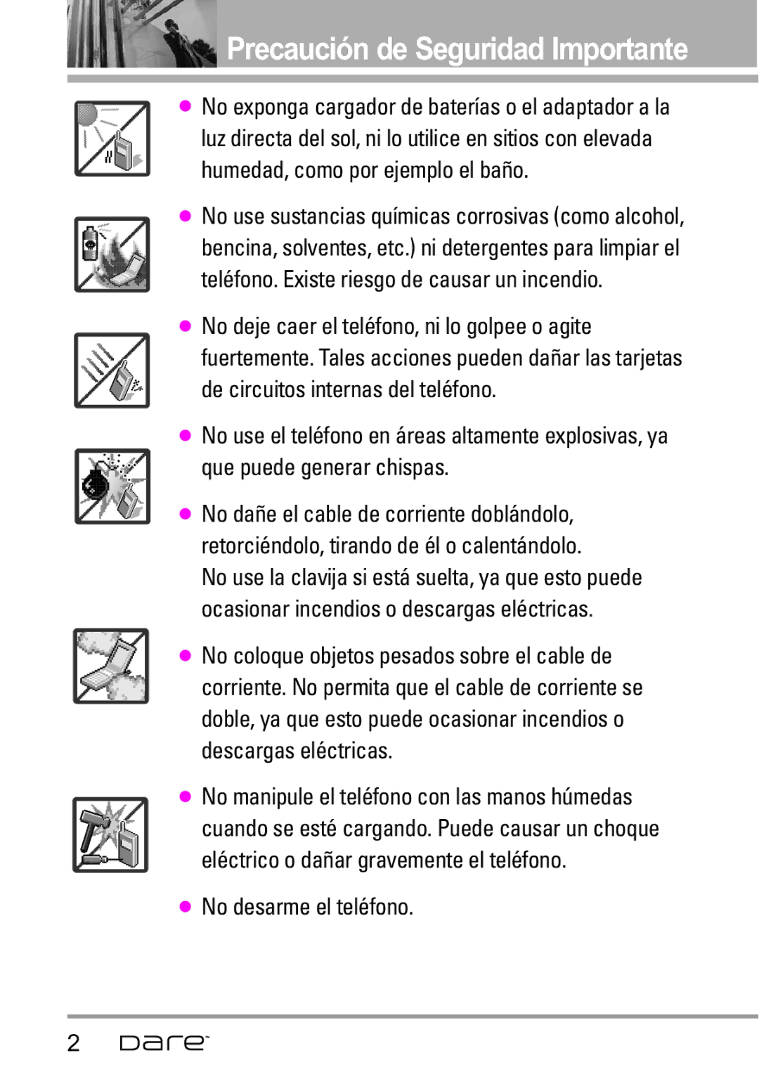 LG Electronics Dare manual Precaución de Seguridad Importante, No use el teléfono en áreas altamente explosivas, ya 