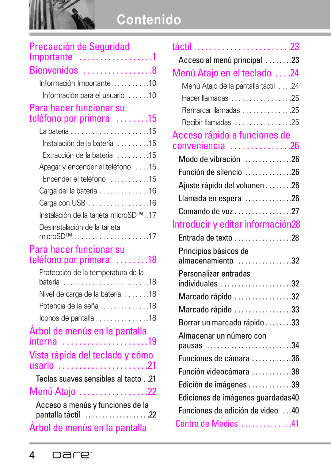 LG Electronics Dare manual Contenido, Acceso al menú principal 