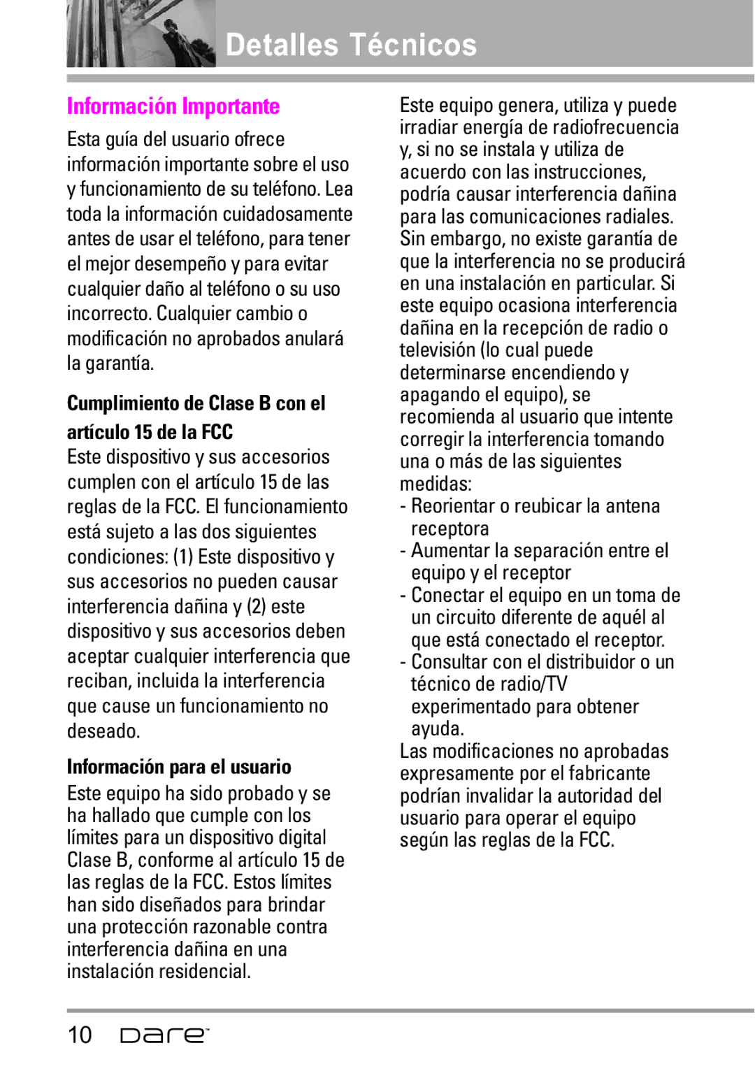 LG Electronics Dare manual Detalles Técnicos, Información Importante, Información para el usuario 