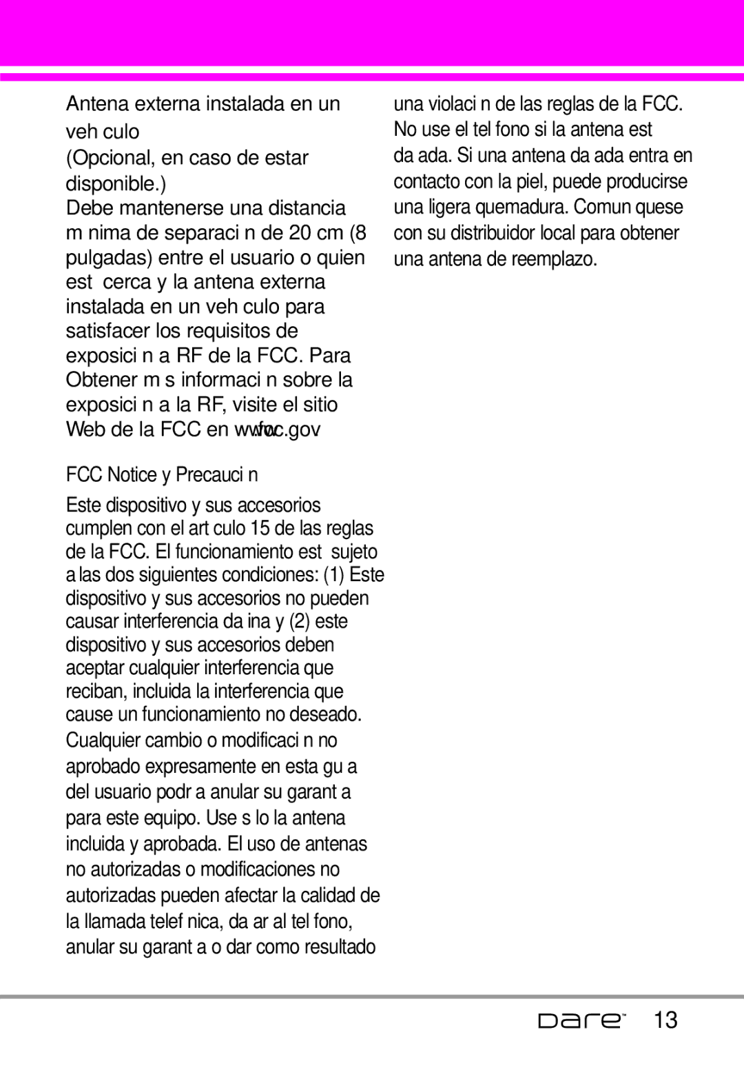 LG Electronics Dare manual Antena externa instalada en un vehículo, Opcional, en caso de estar disponible 