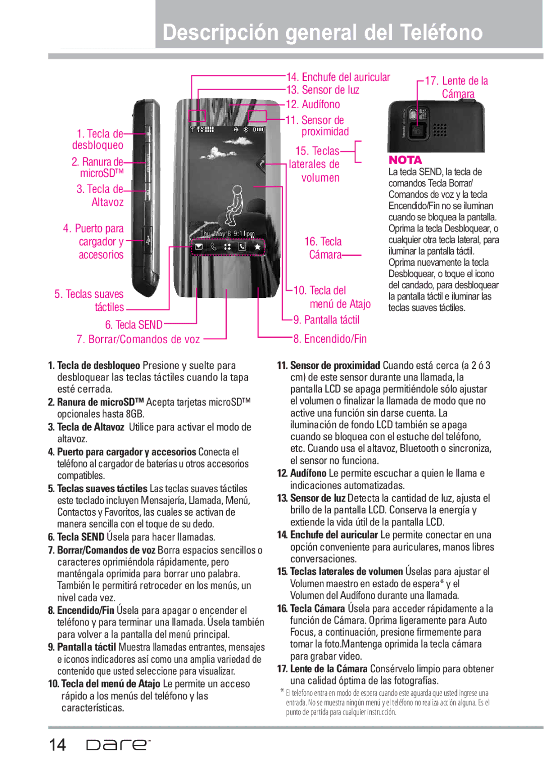 LG Electronics Dare manual Descripción general del Teléfono, Nota 