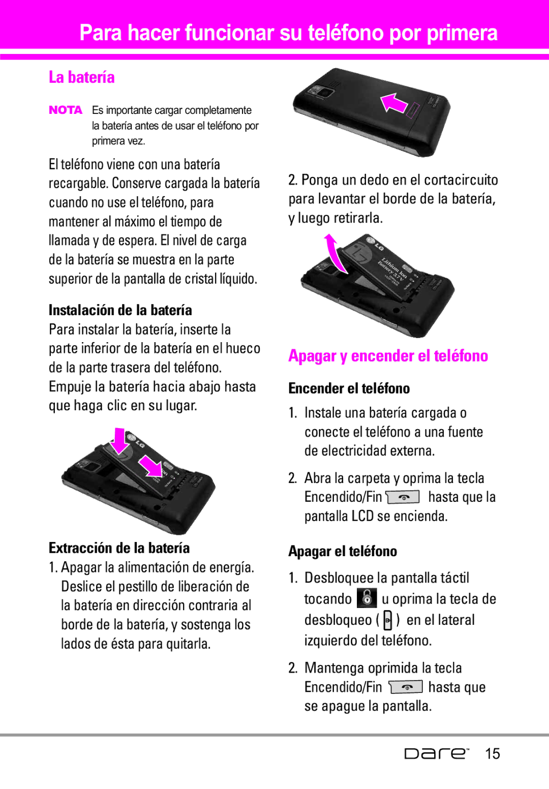 LG Electronics Dare manual La batería, Apagar y encender el teléfono 