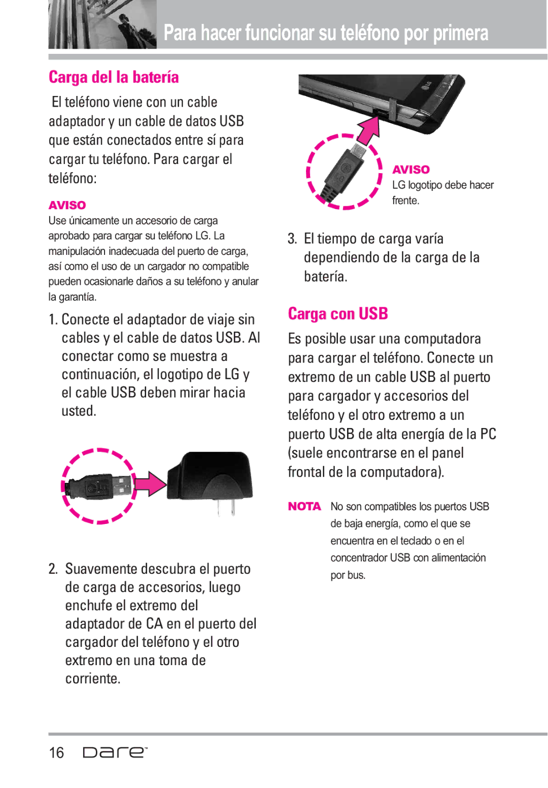 LG Electronics Dare manual Carga del la batería, Carga con USB 