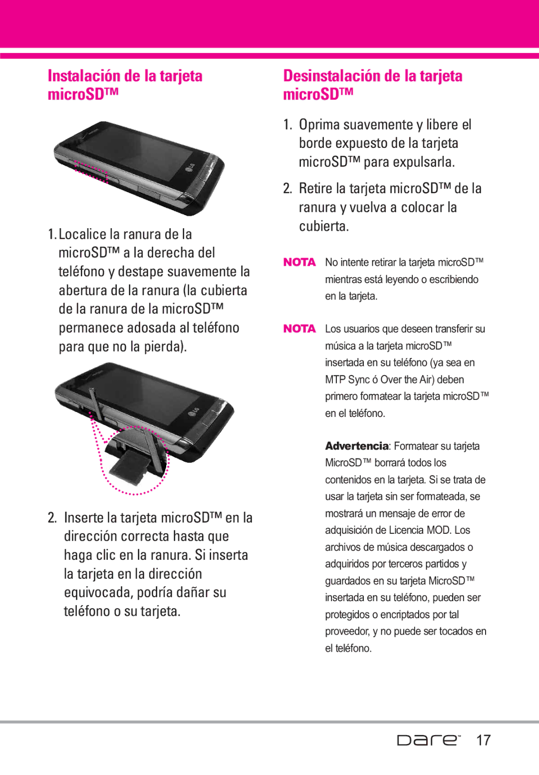 LG Electronics Dare manual Instalación de la tarjeta microSD, Desinstalación de la tarjeta microSD 