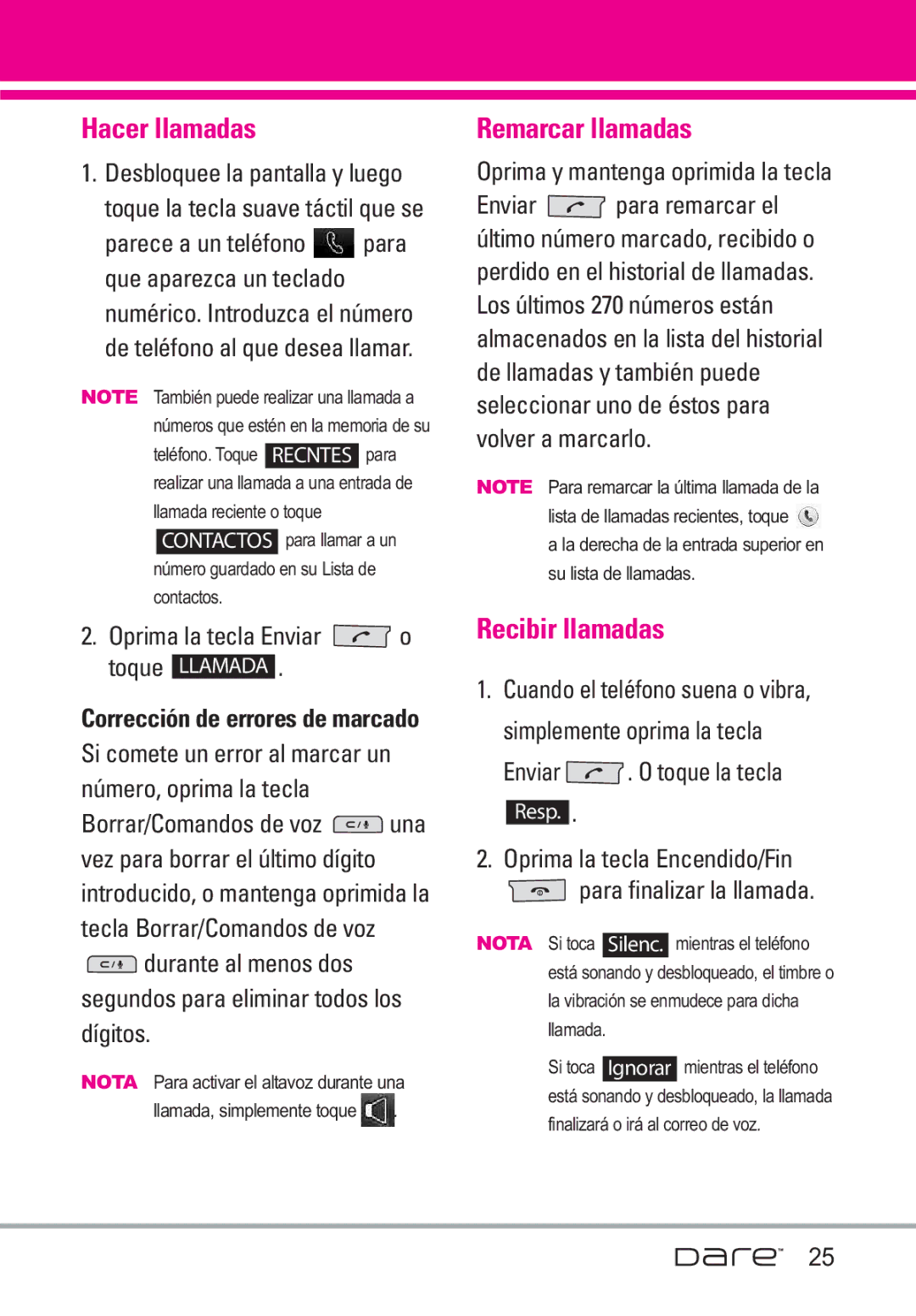 LG Electronics Dare manual Hacer llamadas, Remarcar llamadas, Recibir llamadas 