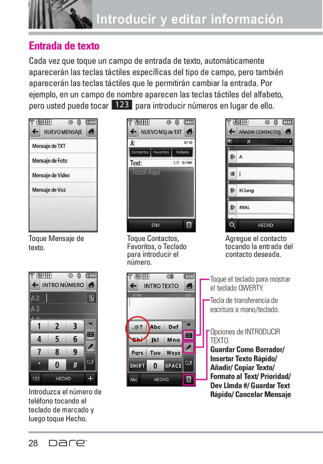 LG Electronics Dare manual Introducir y editar información, Entrada de texto, Toque Mensaje de texto 