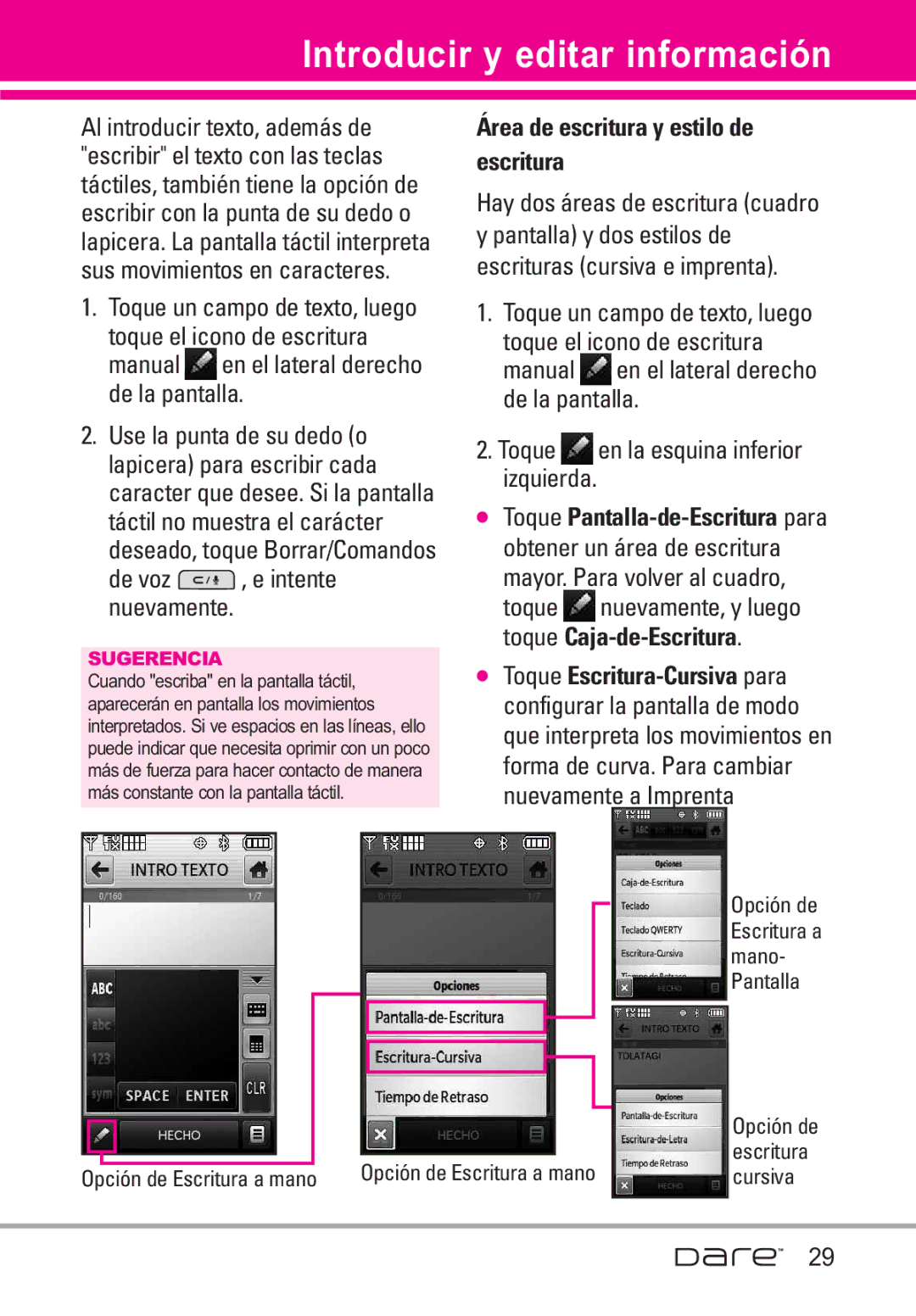 LG Electronics Dare manual Toque Caja-de-Escritura 