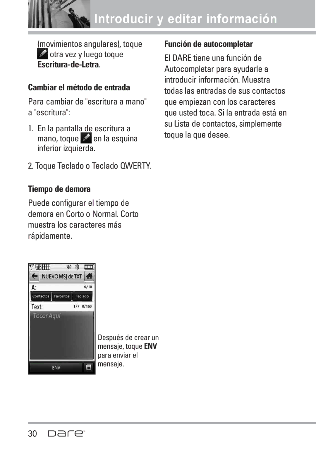 LG Electronics Dare manual Tiempo de demora, Función de autocompletar, Toque Teclado o Teclado Qwerty 