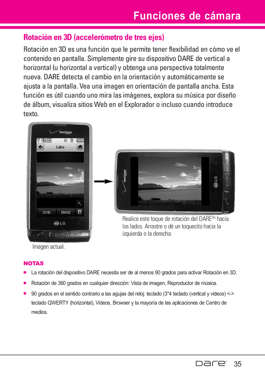 LG Electronics Dare manual Funciones de cámara, Rotación en 3D accelerómetro de tres ejes, Imagen actual 