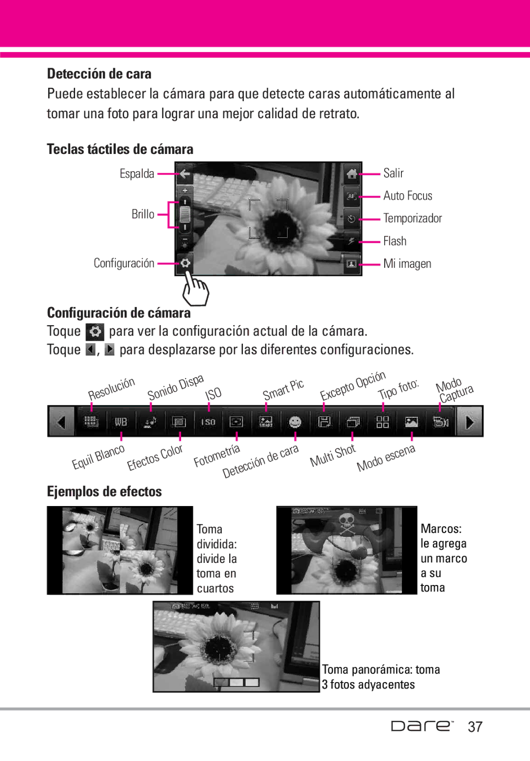 LG Electronics Dare manual Detección de cara, Teclas táctiles de cámara, Configuración de cámara, Ejemplos de efectos 