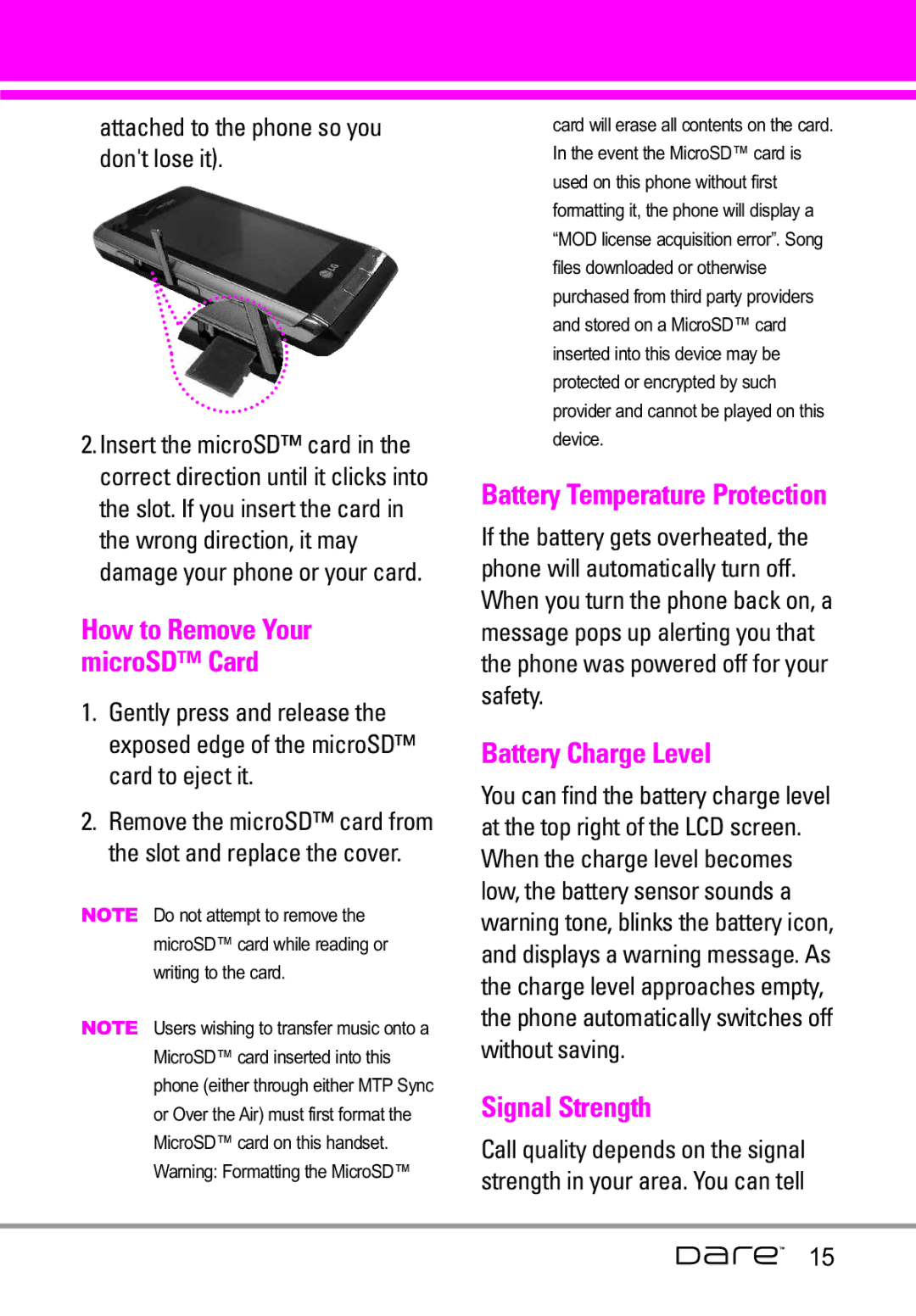 LG Electronics Dare manual Battery Temperature Protection, Battery Charge Level, Signal Strength 