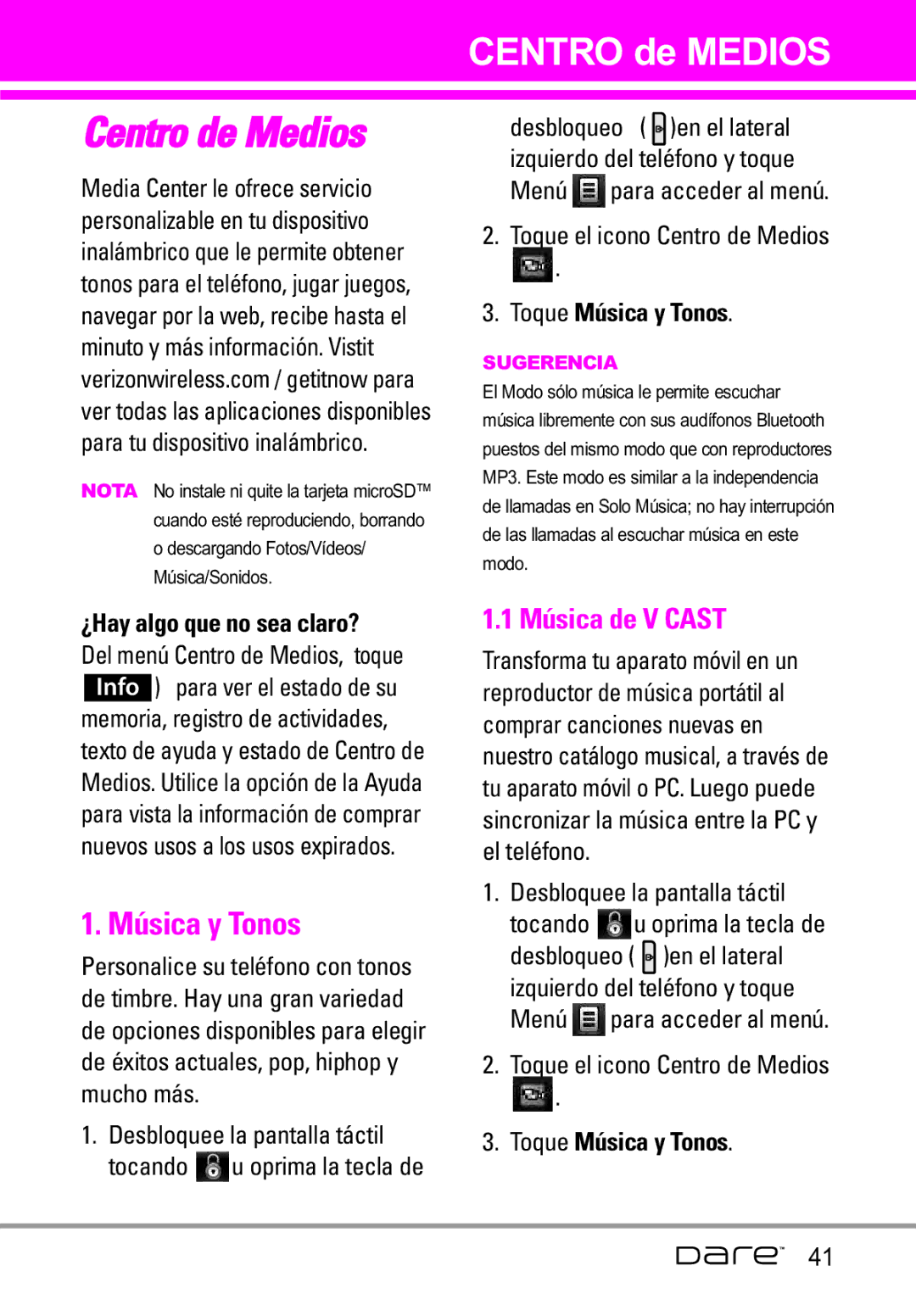 LG Electronics Dare manual Centro de Medios, Música de V Cast, ¿Hay algo que no sea claro?, Toque Música y Tonos 