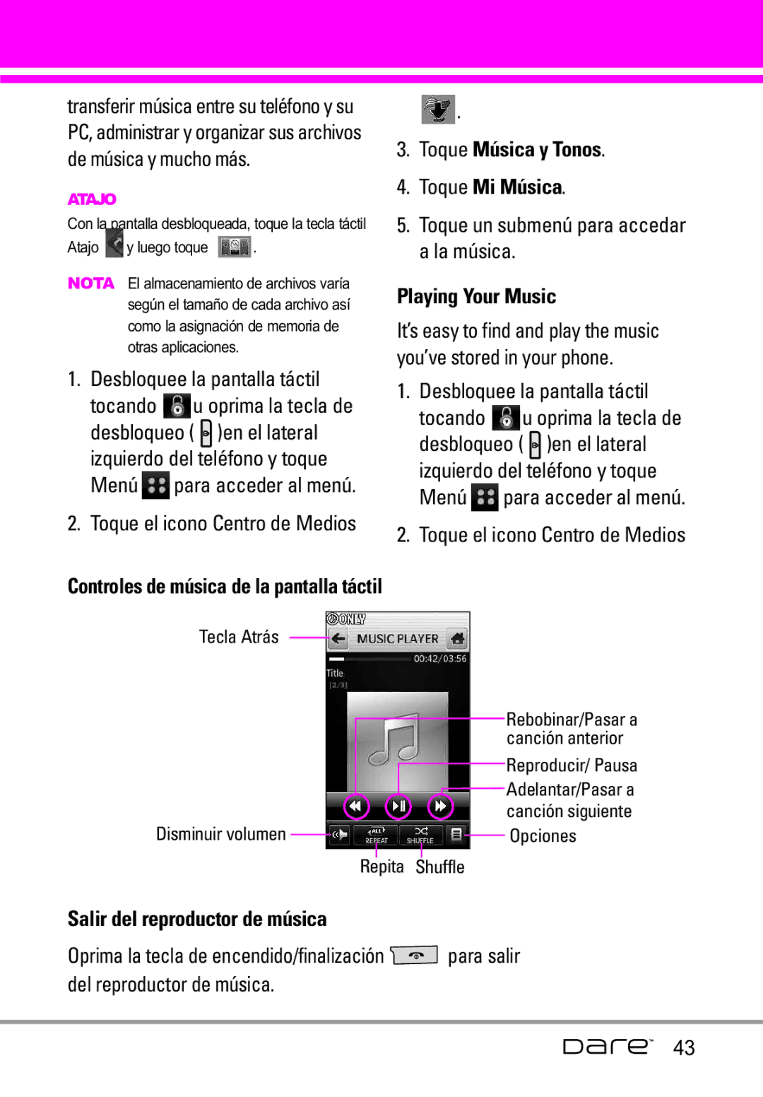 LG Electronics Dare manual De música y mucho más, Toque Mi Música, Toque un submenú para accedar a la música 