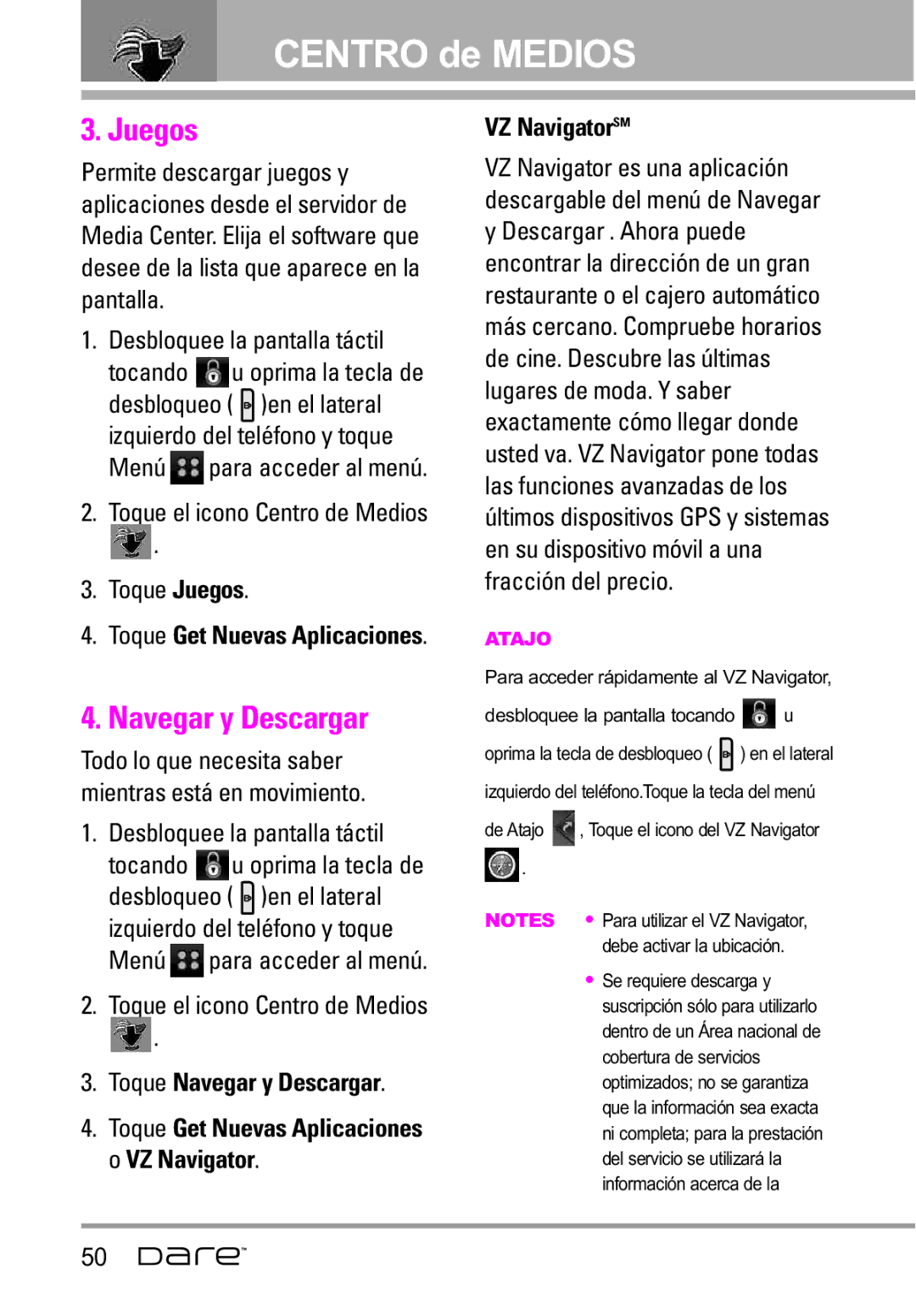 LG Electronics Dare manual Toque el icono Centro de Medios Toque Juegos, Toque Navegar y Descargar 