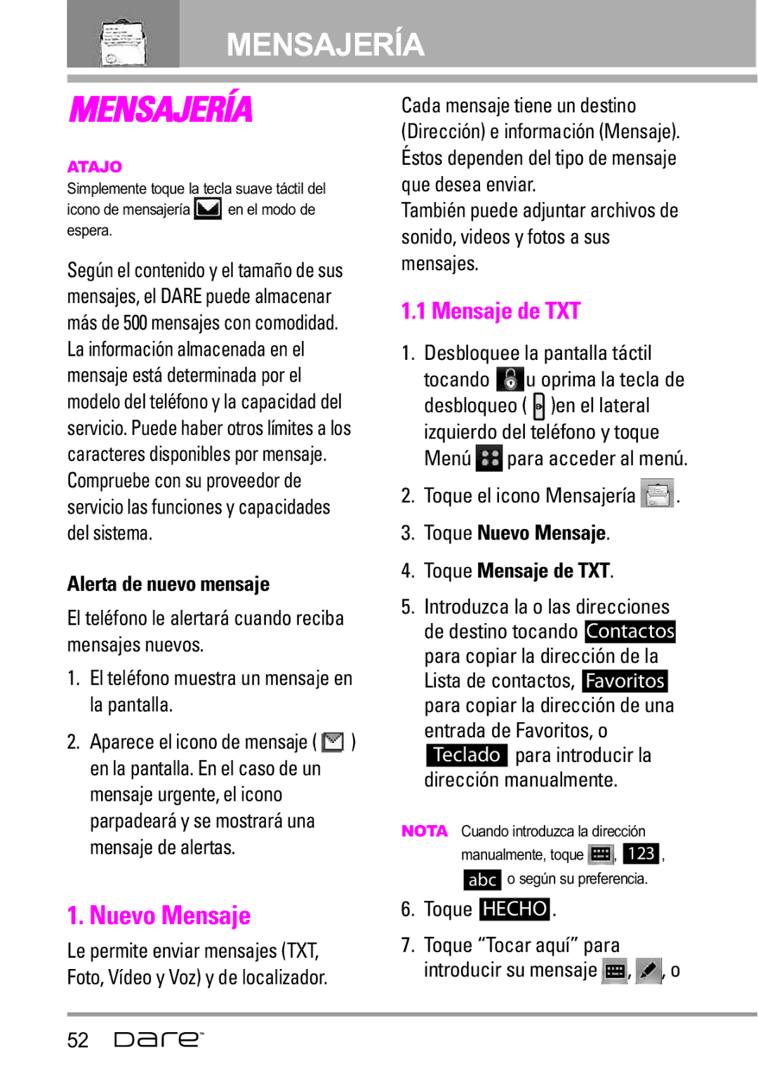 LG Electronics Dare manual Nuevo Mensaje, Mensaje de TXT, Alerta de nuevo mensaje, Toque el icono Mensajería 