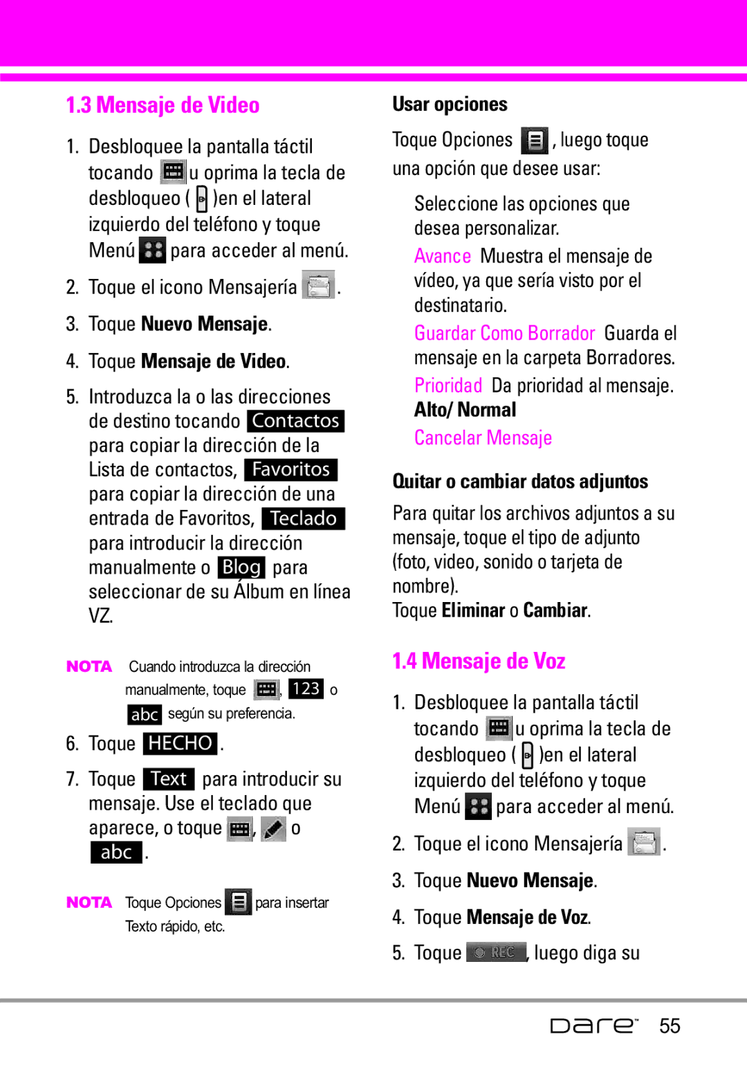 LG Electronics Dare manual Mensaje de Video, Mensaje de Voz 