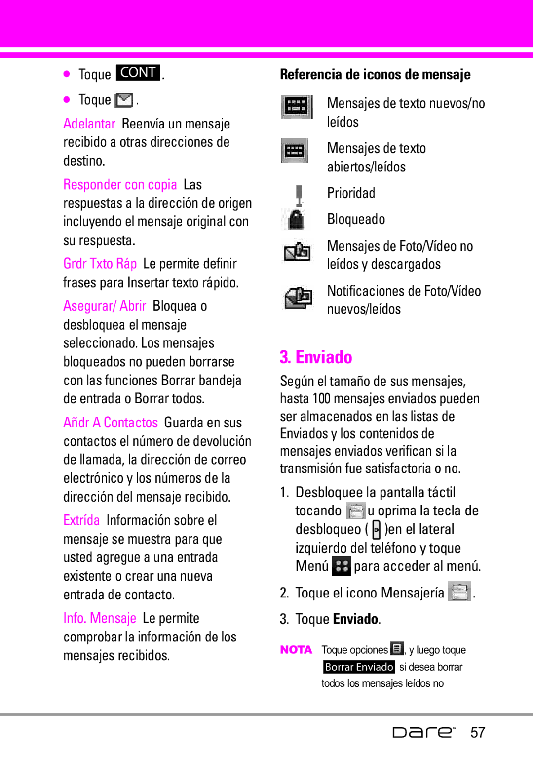 LG Electronics Dare Enviado, Mensajes de texto nuevos/no leídos, Prioridad Bloqueado, Referencia de iconos de mensaje 