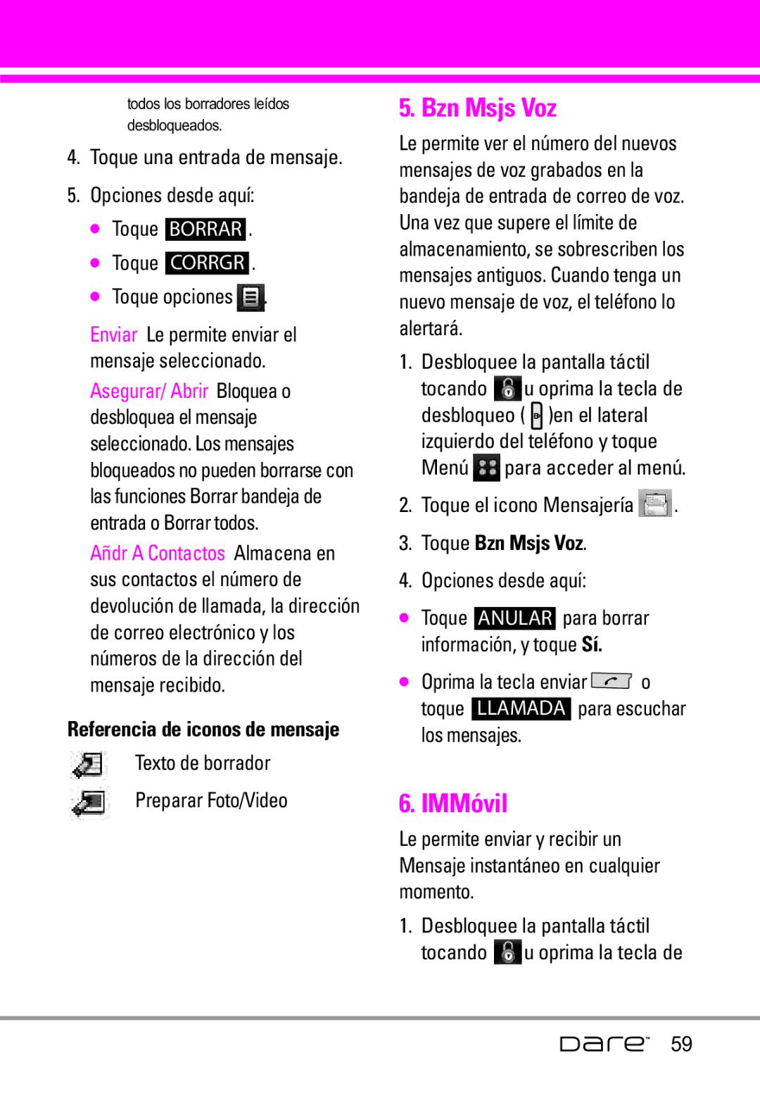LG Electronics Dare manual IMMóvil, Texto de borrador Preparar Foto/Video, Toque Bzn Msjs Voz 
