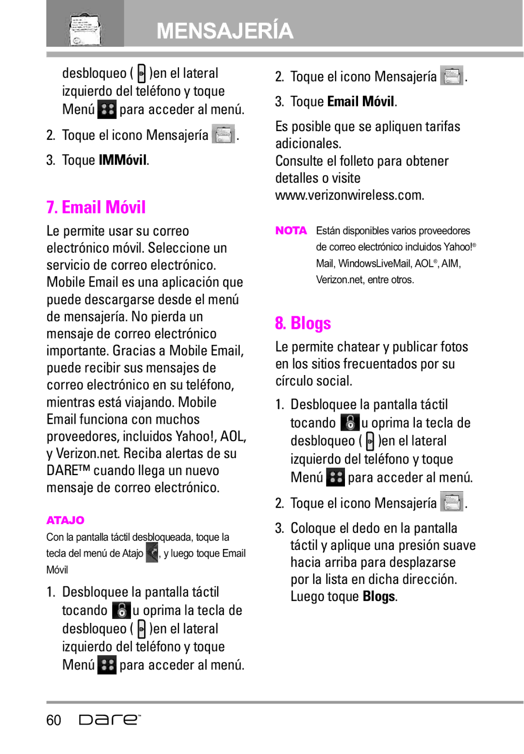 LG Electronics Dare manual Toque el icono Mensajería Toque IMMóvil, Toque Email Móvil 