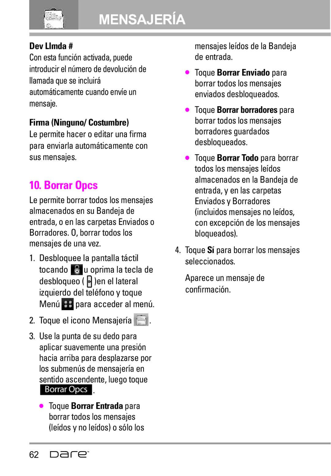 LG Electronics Dare manual Borrar Opcs, Dev Llmda #, Firma Ninguno/ Costumbre, Mensajes leídos de la Bandeja de entrada 